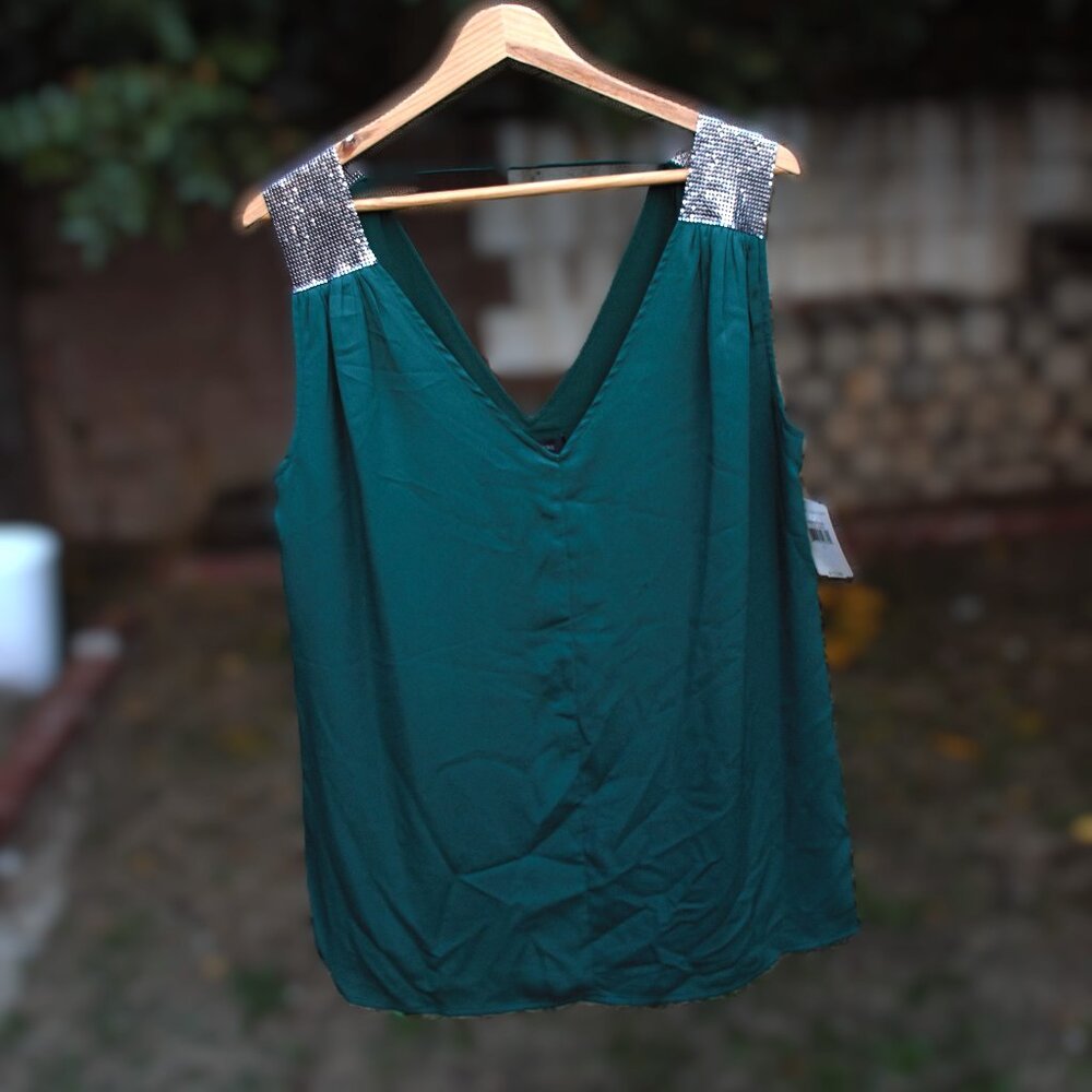 MM Couture Sleeveless Teal Embellished Shoulder Tank Top L